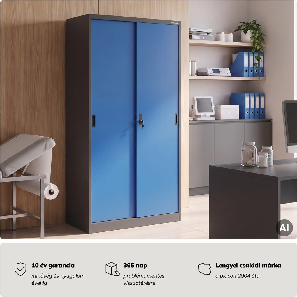 Fém irodai szekrény tolóajtókkal, antracit-kék, 900x1850x400 mm: KUBA