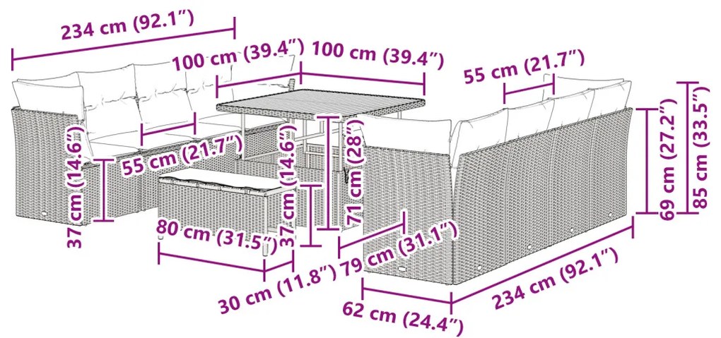 11 Darabos Kertkanapé Szett Párnákkal Fekete Poli Rattan Akáccal, 3 Darabos Kert Étkező Szett Párnákkal Fekete Poli Rattan Akáccal