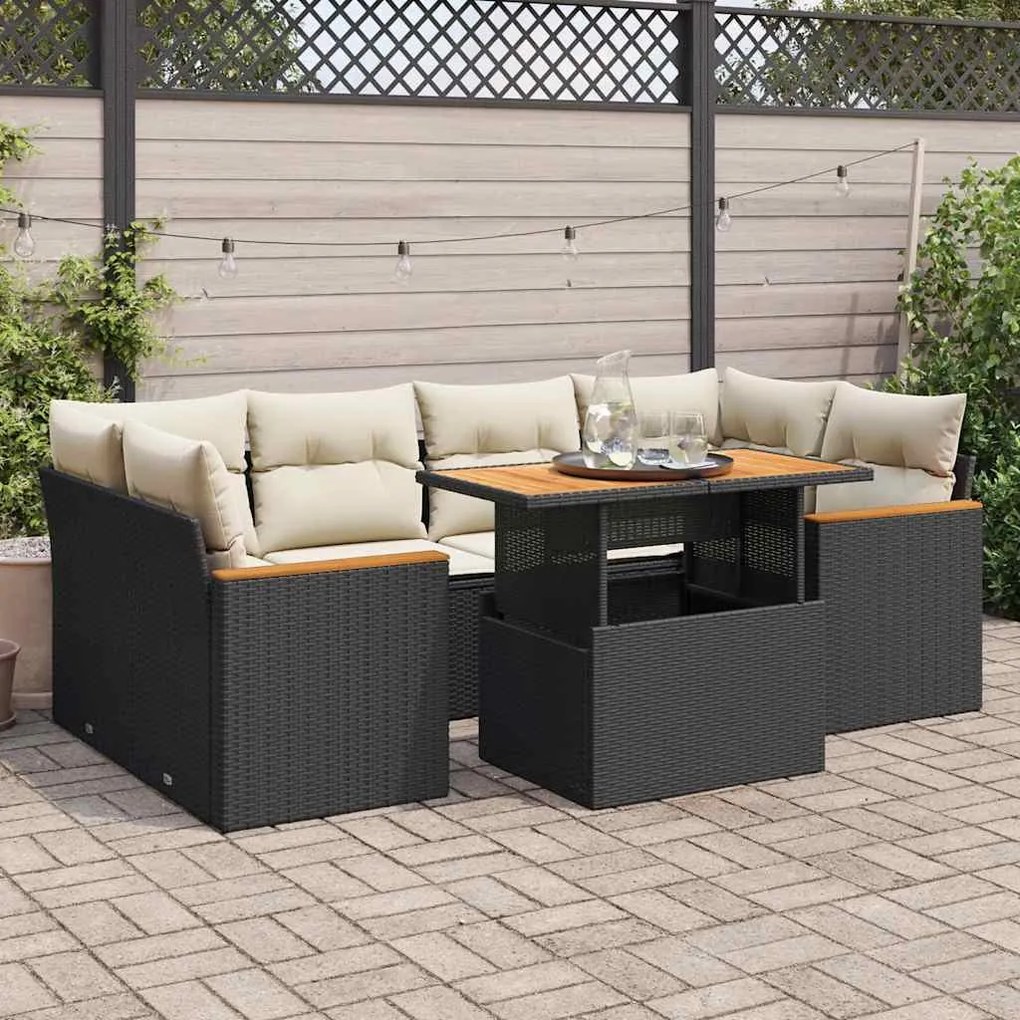 6 részes fekete polyrattan akácfa kerti ülőgarnitúra párnákkal