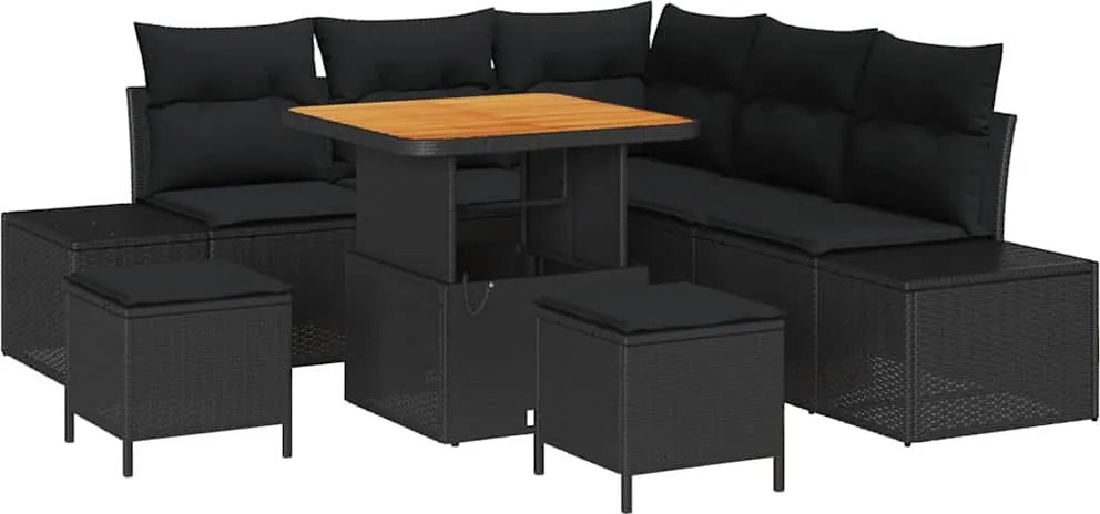 vidaXL Kerti Kanapé Szett párnával tárolóval 8 pcs Fekete Poli rattan