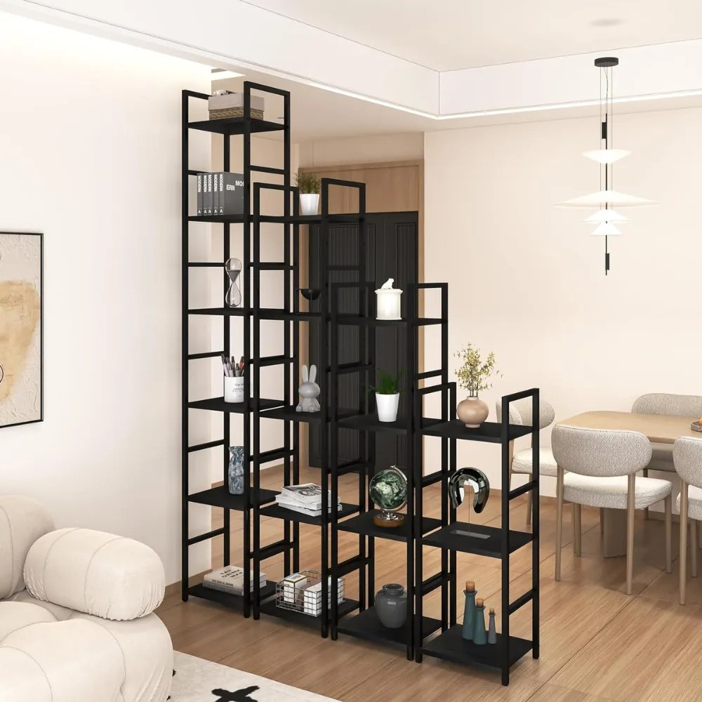 Fekete 4 szintes nyitott könyvespolc, tároló állvány fém lábakkal - 29x112cm Intenso
