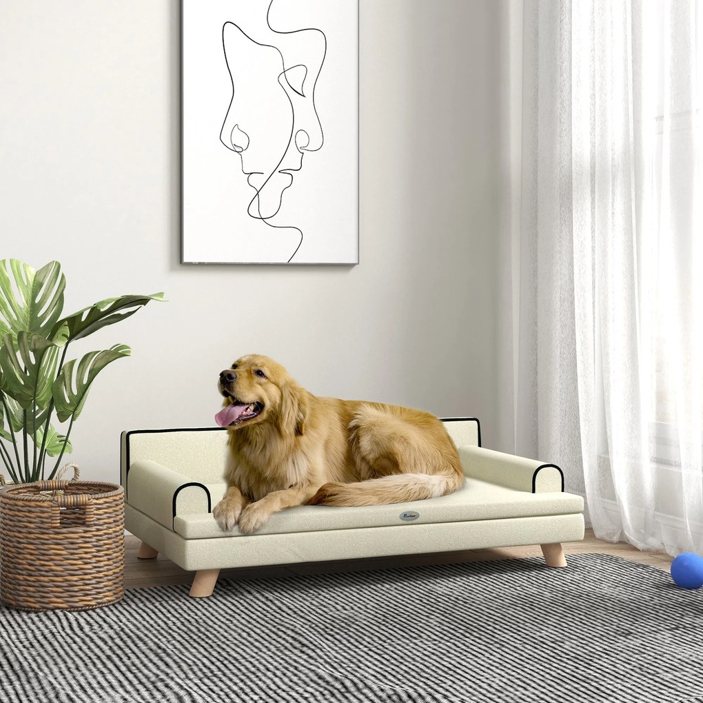 PawHut Skandináv Stílusú Kutyáknak és Macskáknak Szófaágy Párnával, Tömör Fa Lábbal, 100 x 62 x 32 cm Bézs | Aosom