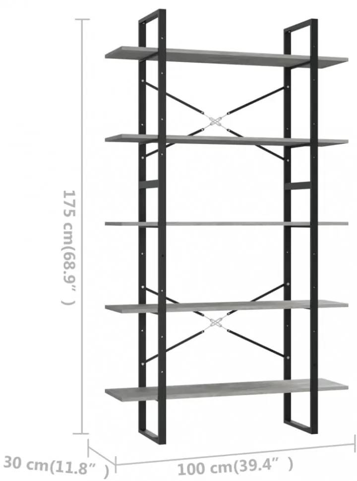 5 szintes betonszürke szerelt fa könyvszekrény 100x30x175 cm