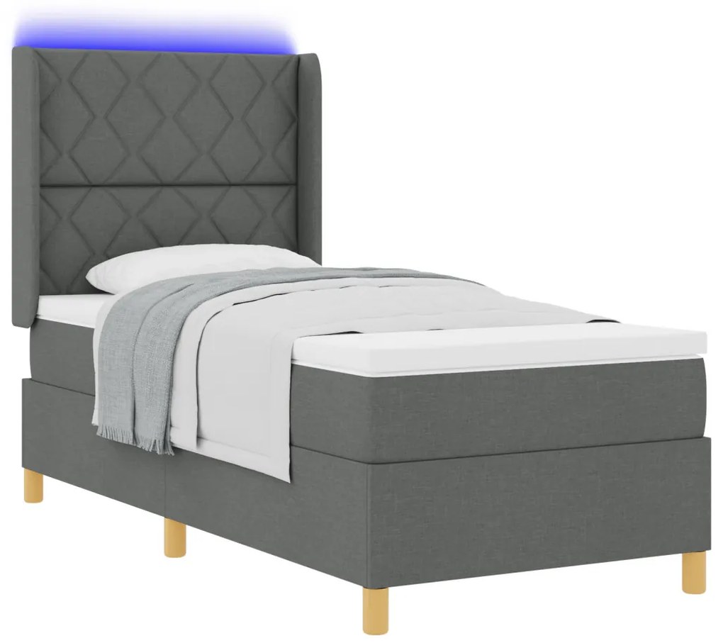 Boxspring Ágy Mattal és LED Fekete Szürke 90x200 cm Pamut