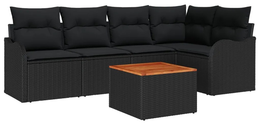 6 részes kert kanapé szett párnákkal, fekete poli rattan akáccal, 2 személyes kert kanapé tárolóval és párnákkal fekete poli rattan