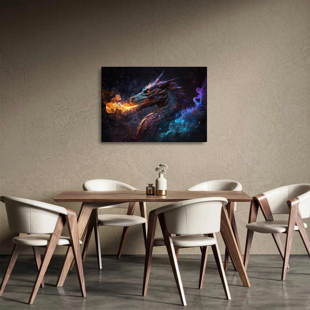 Üveg kép - Lángokat köpködő sárkány (70x50 cm)