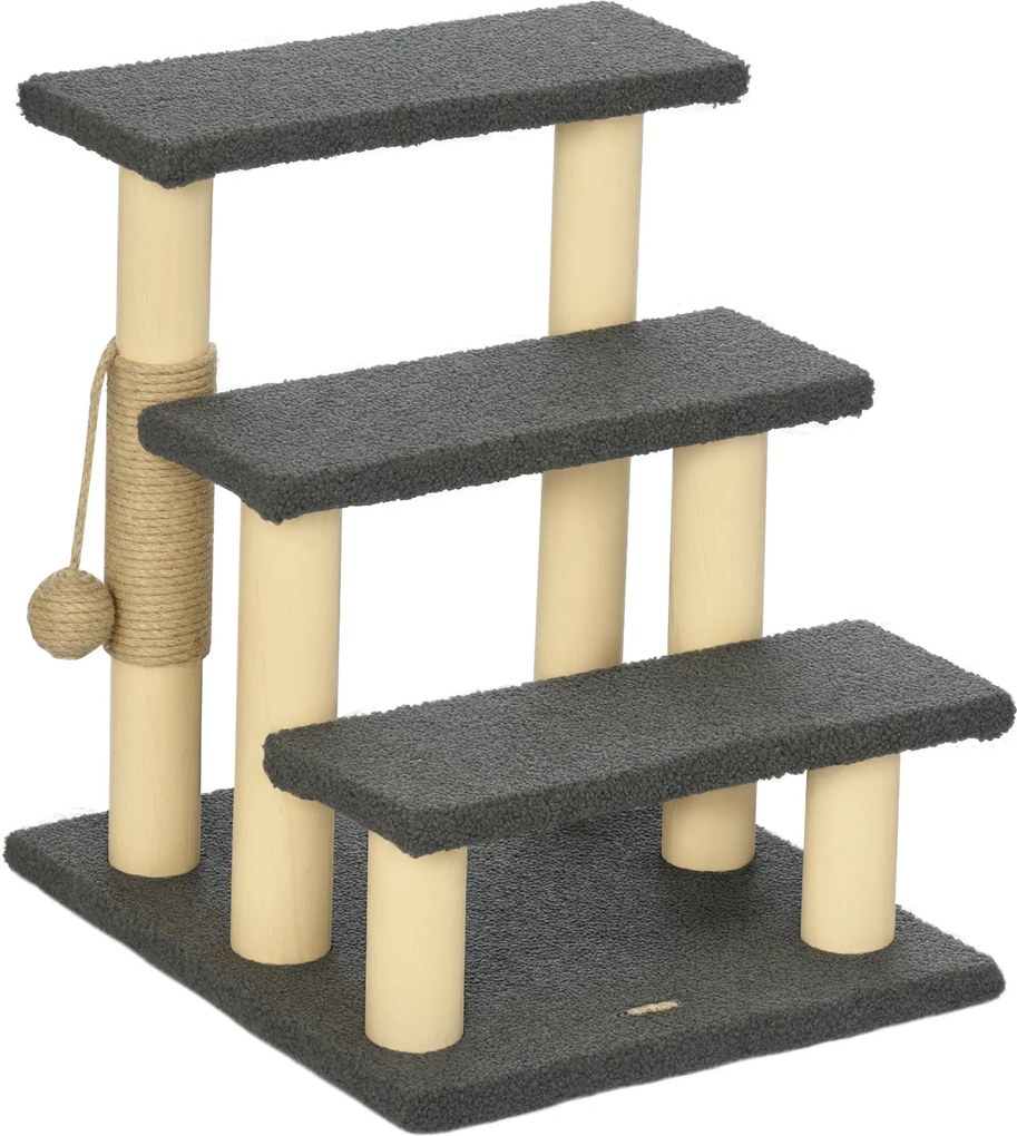 PawHut 3-Lépcsős Macska Lépcső, 48 cm Macska Lépcső Zsindelyoszlopal, Kutyás Lépcső Játszóballal, Belépési Segédeszköz Magas Ágyakhoz, Fenyőfa, Szürke
