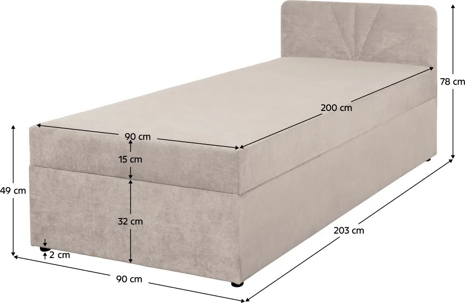 Boxspring ágy, egyszemélyes, bézs, 90x200, univerzális, SUPA