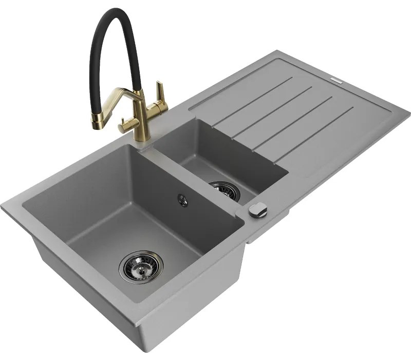 Mexen Andres gránit mosogató 1,5 rekesszel, csepptálcával és Duo konyhai csapteleppel, szürke - 6515-71-671701-57-B