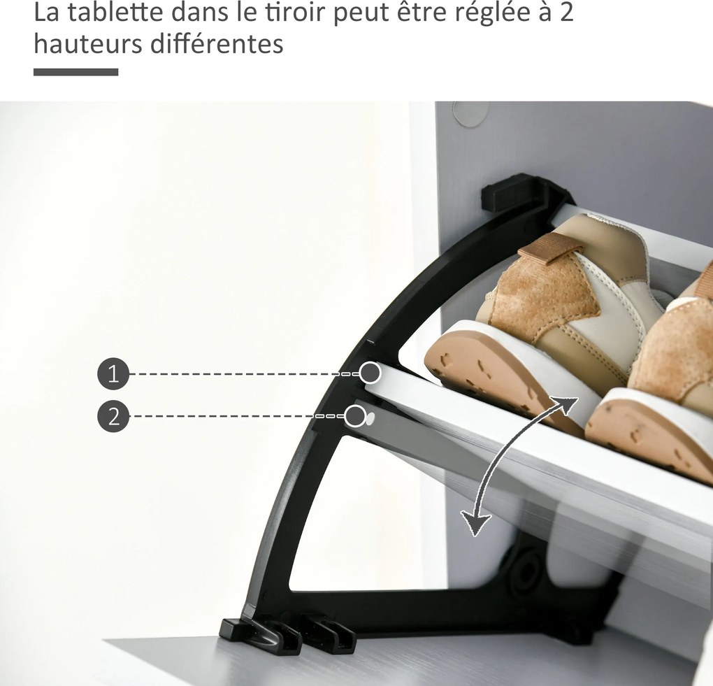 HOMCOM Cipőtároló - 3 Hajtható Ajtóval és Csúszó Fiókkal - méret: 62L x 24W x 135H cm - alumínium fogantyúkkal, forgácslapból készült, fehér | Aosom
