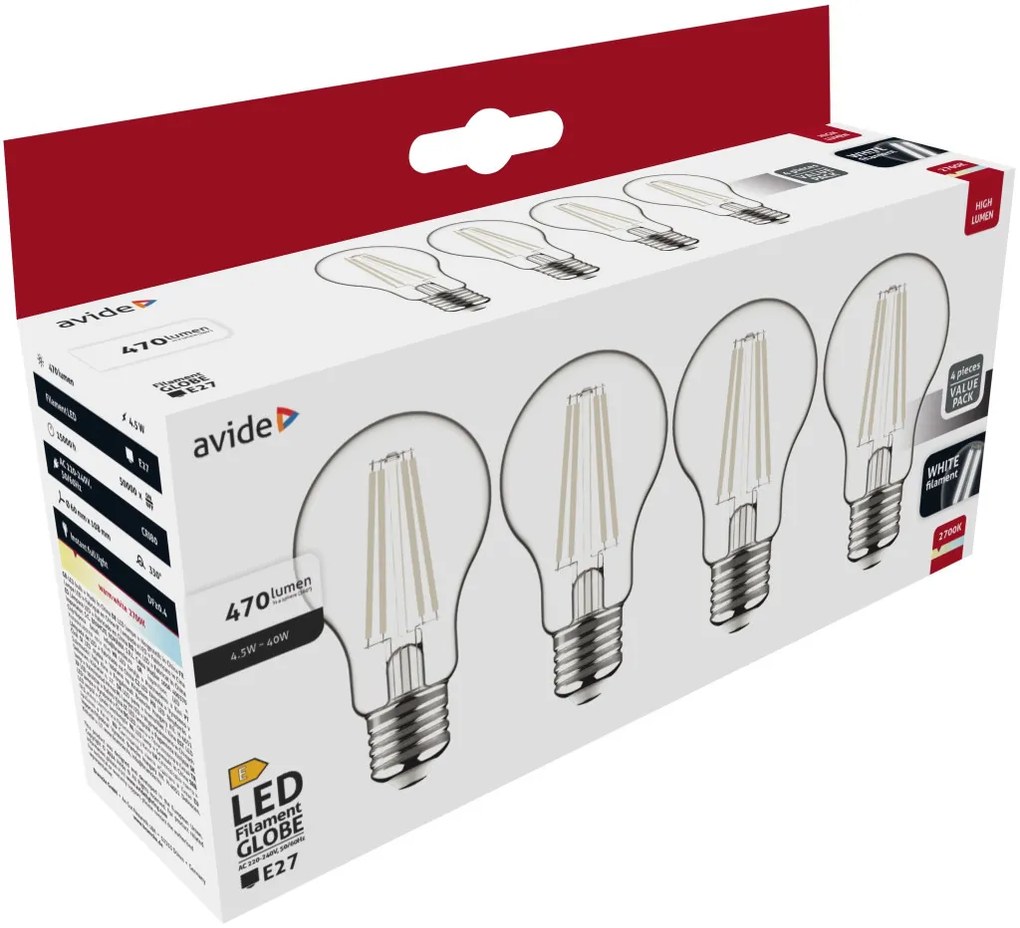 Avide LED White Filament Globe 4.5W E27 WW 2700K-4er