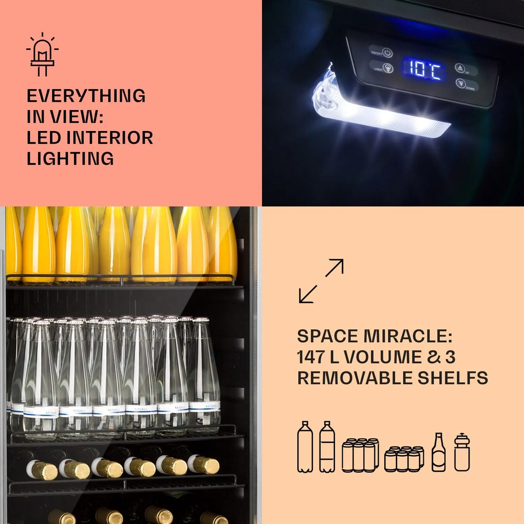 Klarstein Beersafe 5XL, hűtőszekrény, 148 liter, 3 polc, panoráma üvegajtó, rozsdamentes acél