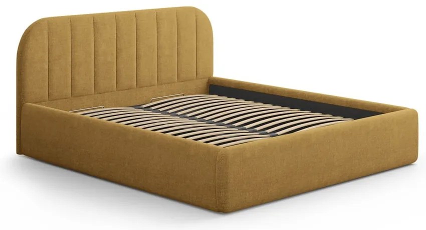 Mustársárga kárpitozott ágyneműtartós franciaágy ágyráccsal 180x200 cm Juno – Windsor & Co Sofas