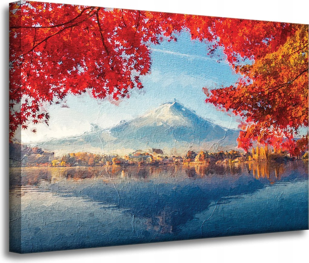 Vászonkép Színes levelek Város Hegy Víz 70x50 cm