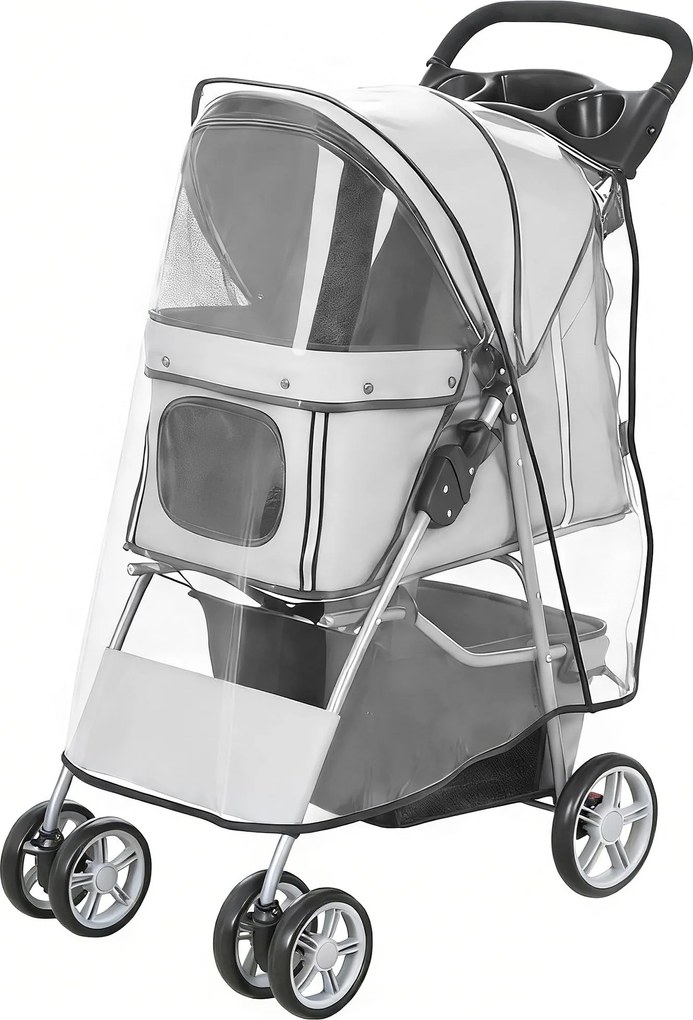 PawHut összecsukható kisállat babakocsi – vízlepergető, esőhuzattal, pohártartóval és tárolókosárral, fékes kerekek, 600D Oxford, acél váz – szürke |