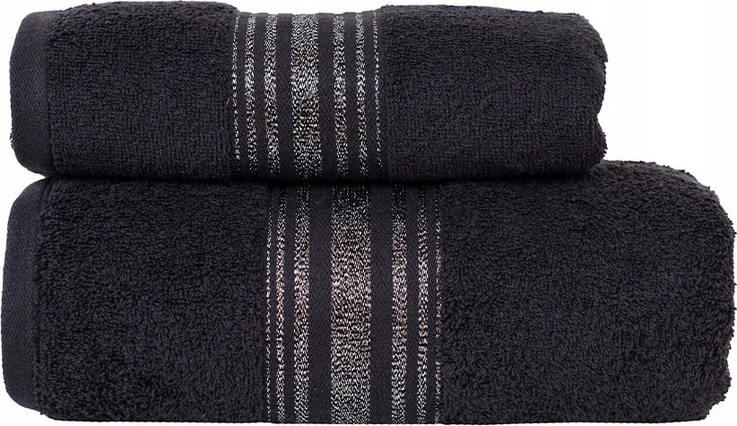 Puha fekete törölköző 50x90 cm, ezüst bordűrrel, 100% pamut