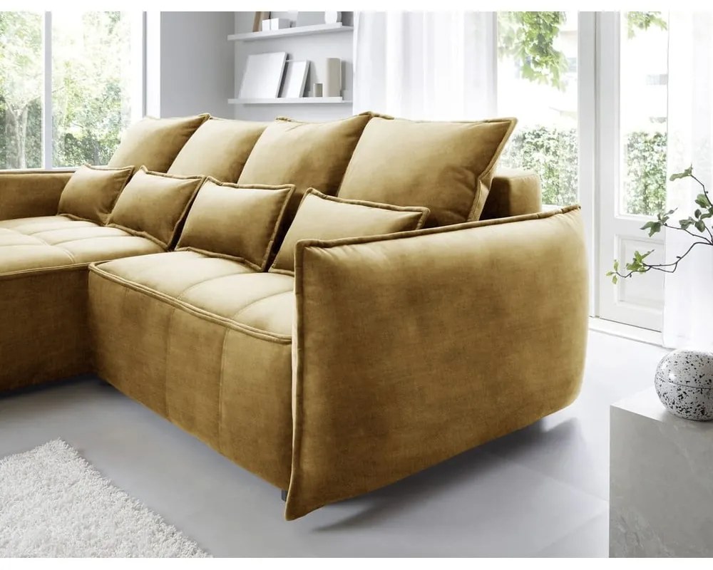 Sárga bársony kinyitható-tárolóhelyes sarokkanapé (bal oldali-heverő résszel) Campo – ELTAP