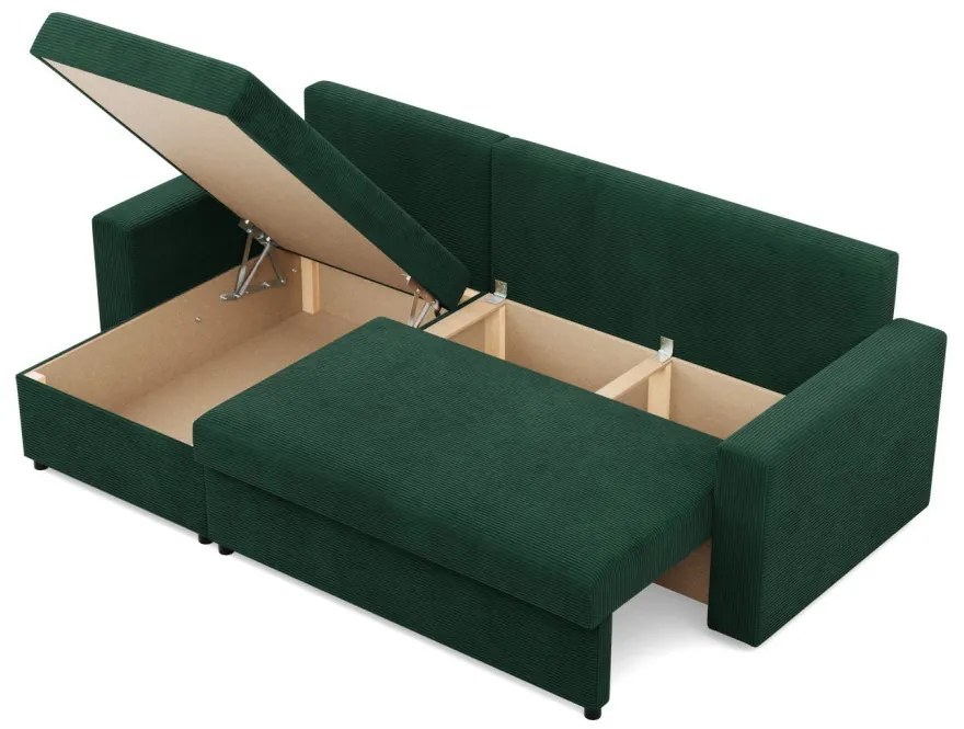 Zeus sarokkanapé, 2 ágyneműtartóval, egyenes kartámasz, kordbársony, univerzális oldal, bonell töltet, zöld