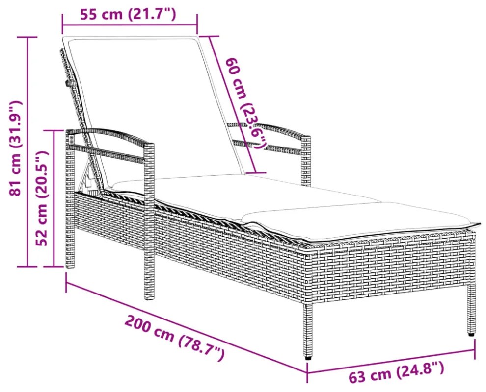 barna polyrattan napozóágy párnával 63x200x81 cm