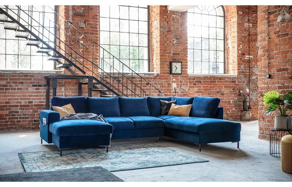 Lofty Lilly matrózkék kinyitható U alakú bársony kanapé, jobb oldali - Miuform