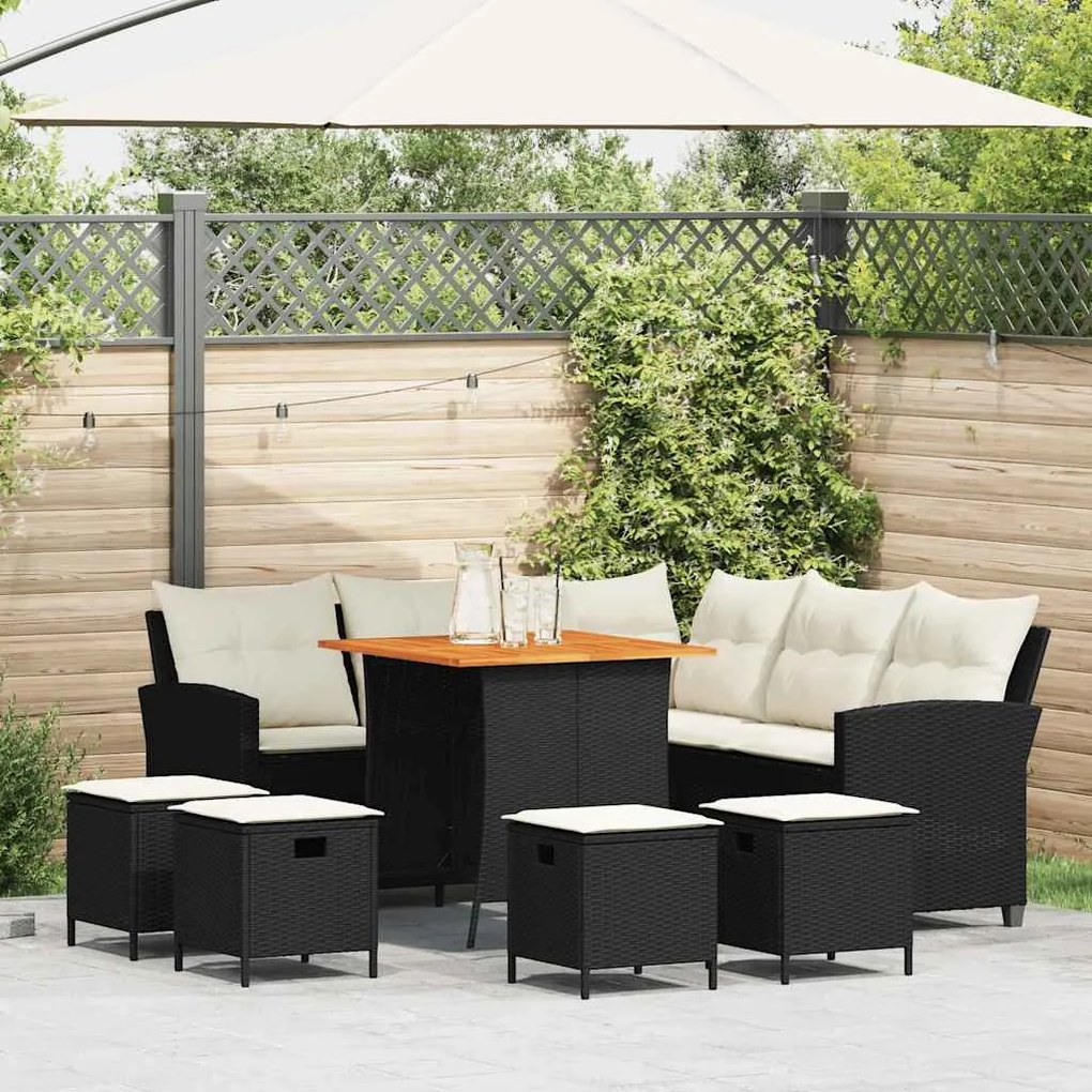 6 részes fekete polyrattan kerti ülőgarnitúra párnával L-alakú