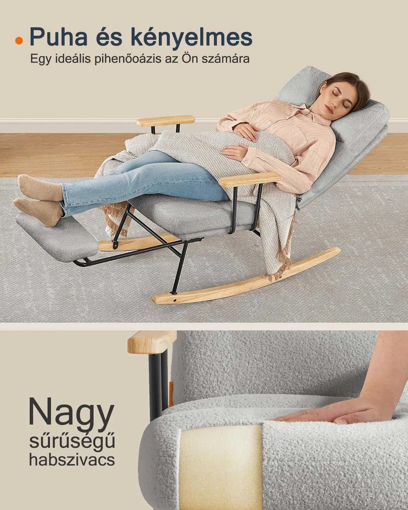 Hintaszék fa lábakkal, plüss szövettel, 4 fokozatban állítható háttámlával, Szürke színben
