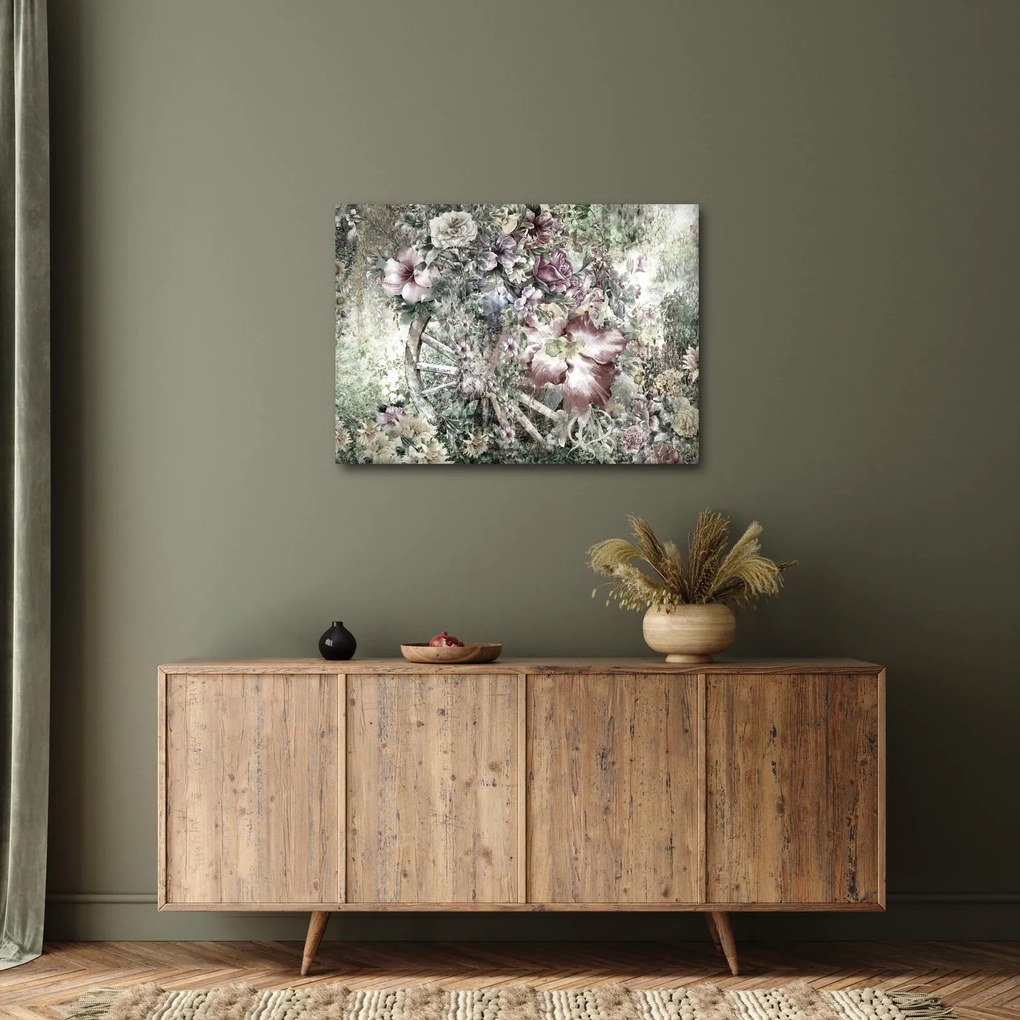 Virágok képe egy fából készült kerékpáron (70x50 cm)