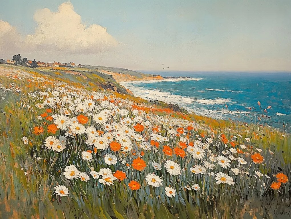 Vászonkép Canvas Tájkép Tenger Szikla Rét Virágok Pipacsok Margaréták 100x75