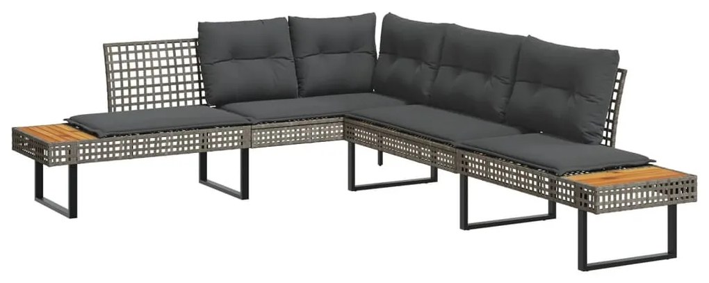 Szürke polyrattan és akácfa L-alakú kerti kanapé párnával