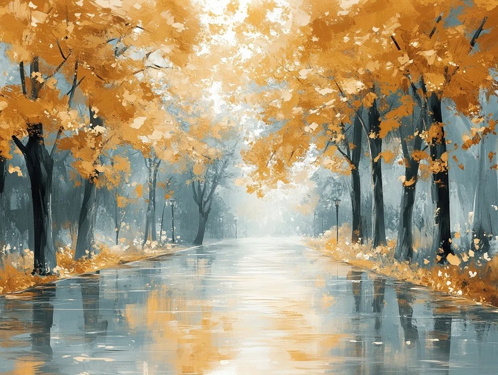 Vászonkép Canvas Út Utca Fák Ősz Eső 80x60