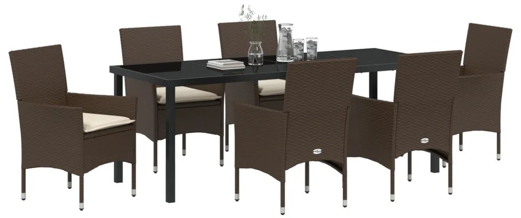 7 Darabos Kerti Étkezőkészlet Párnákkal Barna Poli Rattan, Kerti Asztal Fekete 200x80x73 cm Edzett Üveg