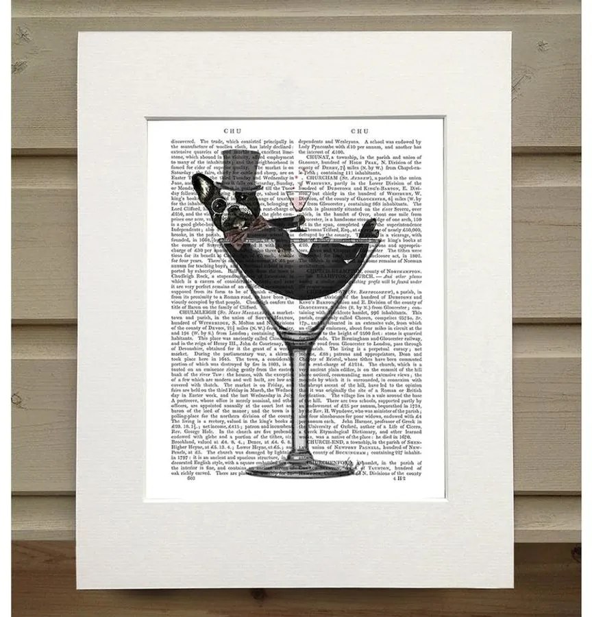 Francia bulldog martinis pohárban - könyvnyomtatás, art print