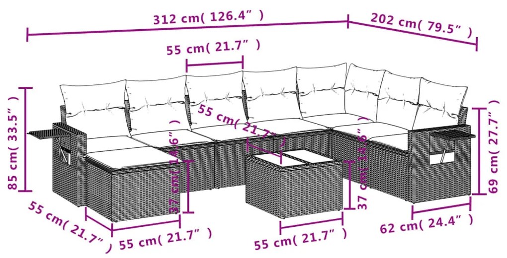 9 részes fekete polyrattan kerti ülőgarnitúra párnákkal