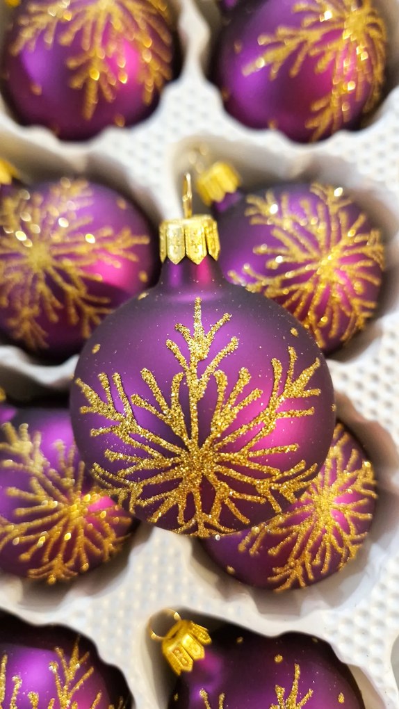 Karácsonyfadísz szett csillámos díszítéssel lila 12 db-os