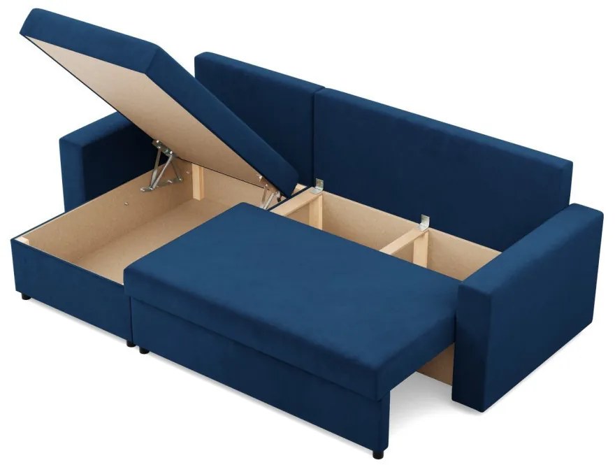 Zeus sarokkanapé, 2 ágyneműtartóval, egyenes kartámasz, bársony, univerzális oldal, hab töltet, kék