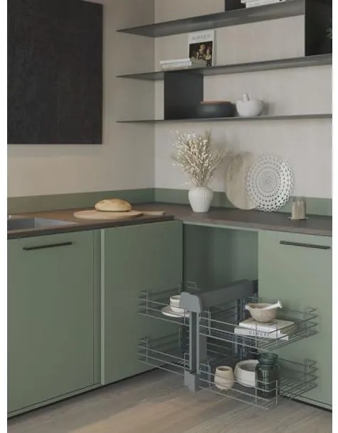 Konyhai fémrács, sarokszekrénybe, teljes kihúzás, csillapított záródás, antracit, univerzális, 1200mm, 600mm ajtó szélesség, Sige Green Line 340