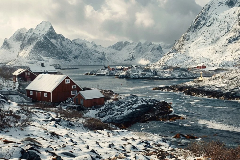 Vászonkép Canvas Norvégia Téli Fjord Hegyek Házak Skandinávia 60x40