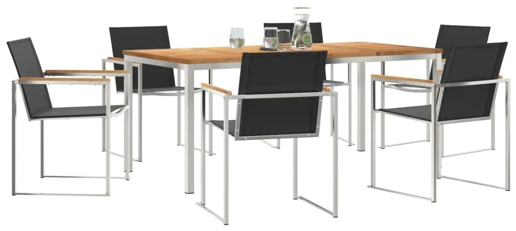 7 Részes Kert Étkező Szett Tömör Fa Tíkkal, Kültéri Étkező Asztal 180x90x75 cm Tömör Fa Tíkkal