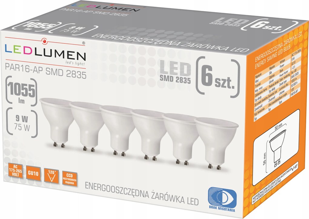 6 db-os Led izzó szett GU10 9W=75W 1055lm Erős Prémium Nincs villódzás 3000K