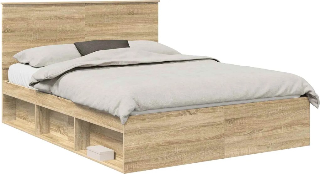 vidaXL Ágykeret fejtámlával Sonoma tölgy 150 x 200 cm Tömör fenyőfa