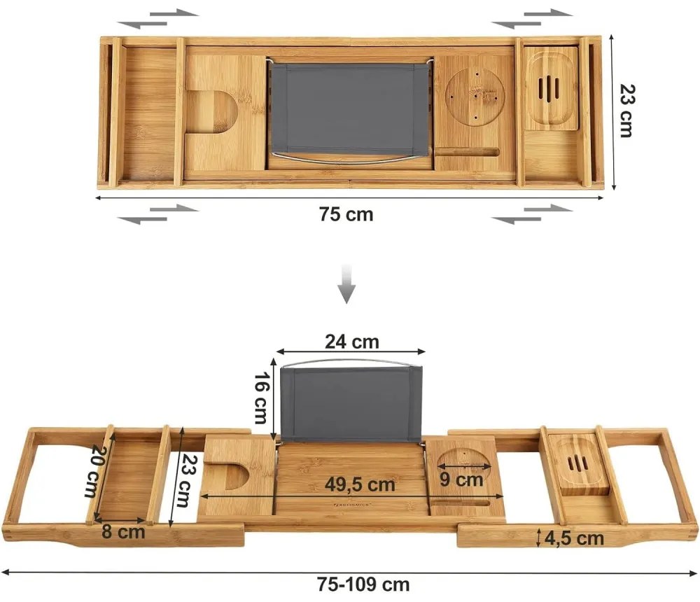 Fürdőkádra helyzhető bambusz tálca ital- és könyvtartóval 75-109 cm