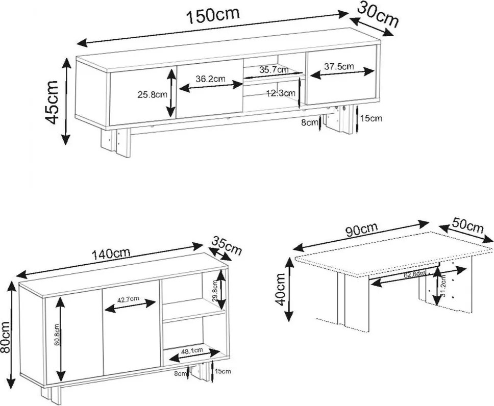 Ravello nappali bútorszett, meleg tölgy-antracit, 150 cm