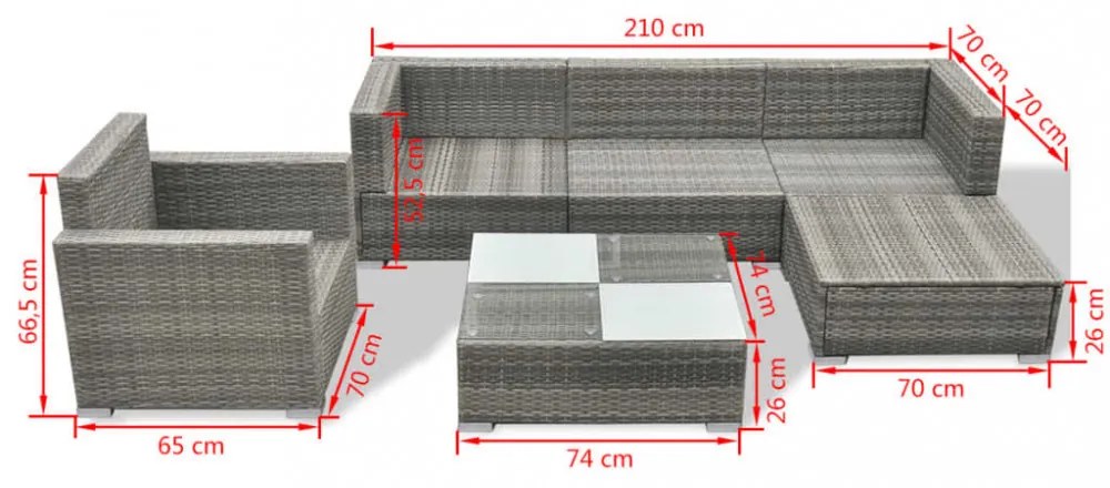 vidaXL 6-részes szürke polyrattan kerti bútorszett párnákkal
