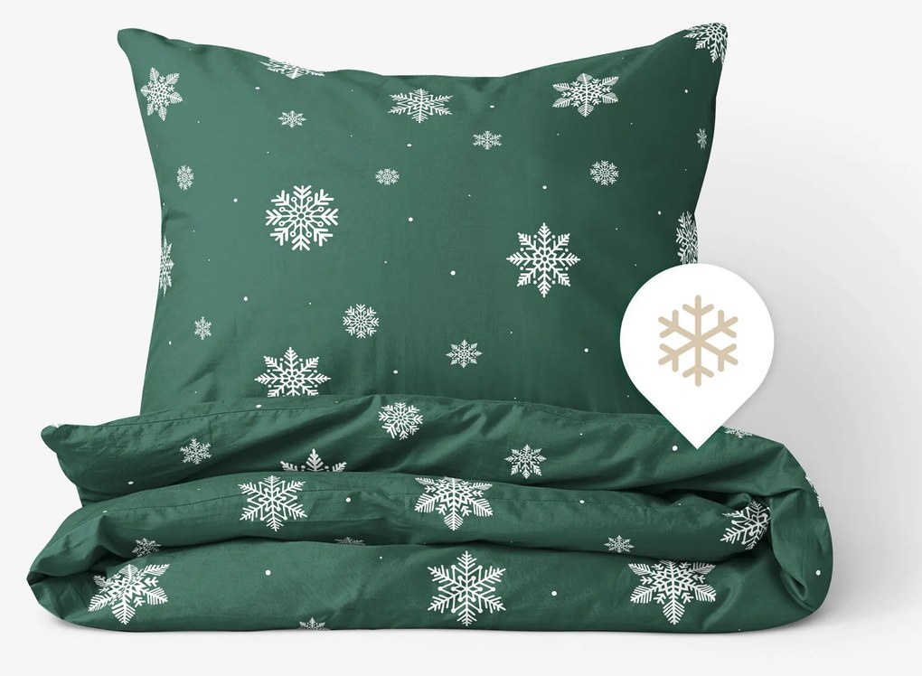 Goldea flanel ágyneműhuzat - hópelyhek zöld alapon 240 x 220 és 2db 70 x 90 cm