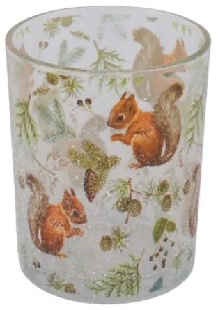 Üveg mécsestartó 10x10x12,5 cm mókusos