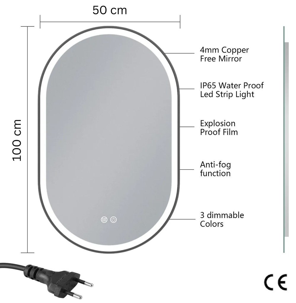 Erga Gwen, ovális LED tükör 50x100cm fekete fém keretben, 3 világos szín, elülső világítás, páramentes fűtőpárna, ERG-V01-GWEN-5010-BK