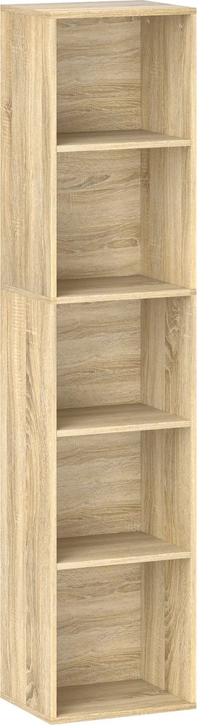HOMCOM Könyvespolc, 5-Rétegű Tárolópolc, állítható polcokkal a nappaliba, hálószobába, irodába, 30 x 24 x 133,5 cm, Természetes Fa | Aosom