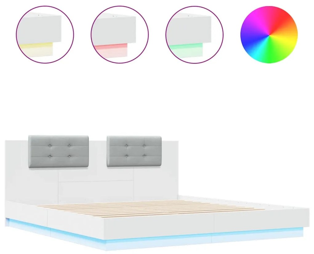 fehér ágykeret fejtámlával és LED-világítással 200 x 200 cm