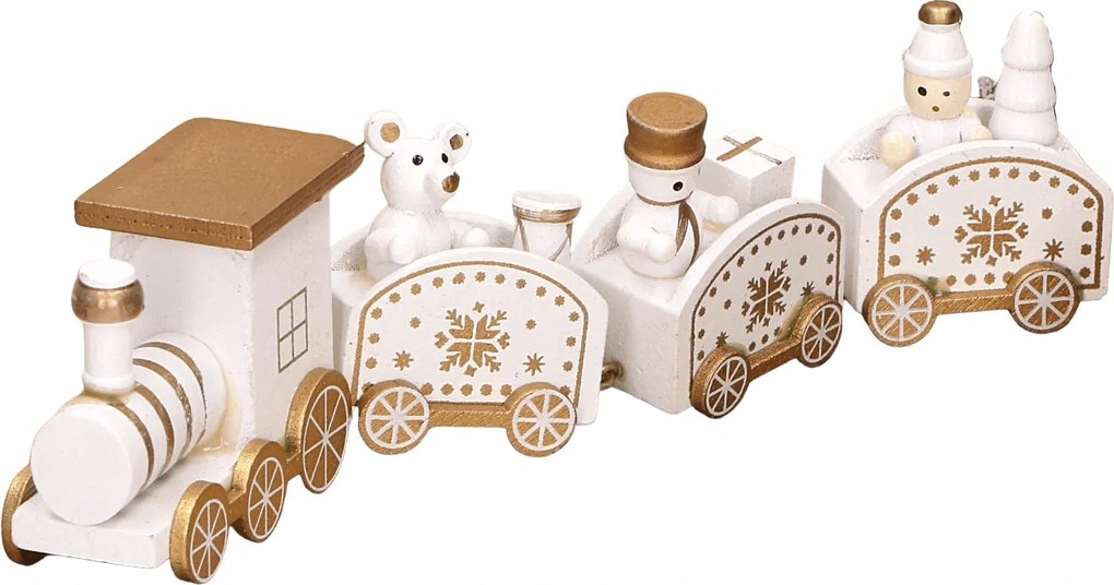 Dekoratív karácsonyi vonat fehér-arany figurákkal 25 x 6 cm