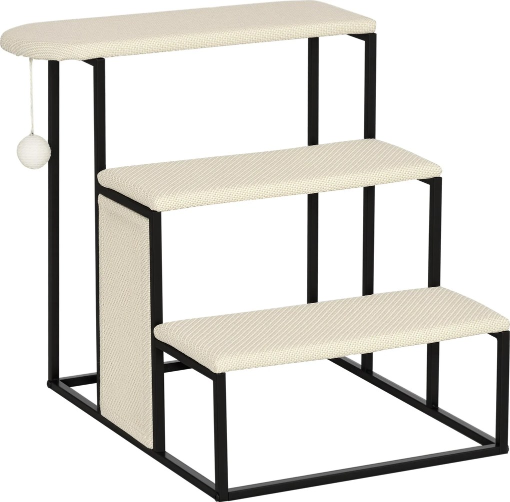 PawHut 3-Lépcsős Macska Lépcső Kutya Lépcső Kaparó Lappal és Játéklabdával Praktikus és Könnyű Pet Lépcső Acél Zsákvászon Krém Fehér+Fekete 50 cm x 53